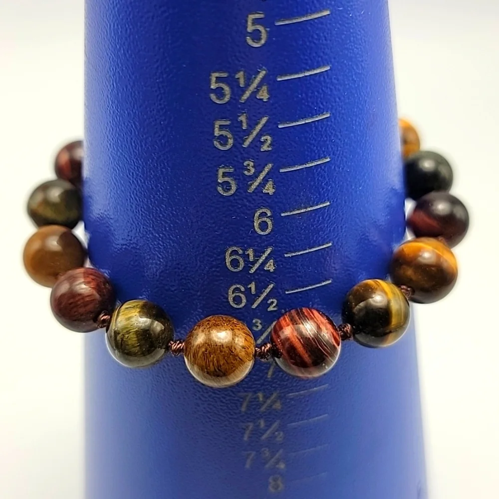 Gold Green Red 10mm Tiger Eye Beaded Bracelet Hand Knotted Silver Tone Clasp